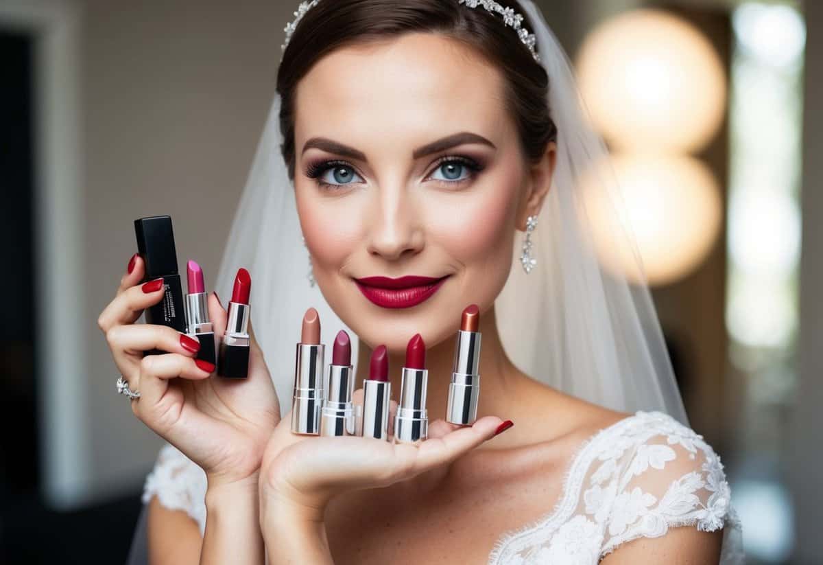 A fair-skinned bride holds up various lipstick shades, carefully choosing the perfect one for her wedding day