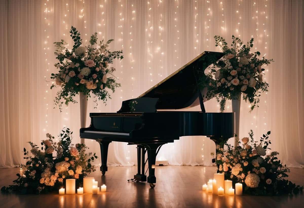 A grand piano bathed in soft, romantic lighting, surrounded by elegant floral arrangements and flickering candles