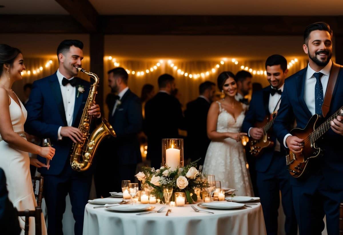 A cozy, candlelit wedding reception with a live jazz band playing smooth, romantic tunes as couples sway and guests mingle