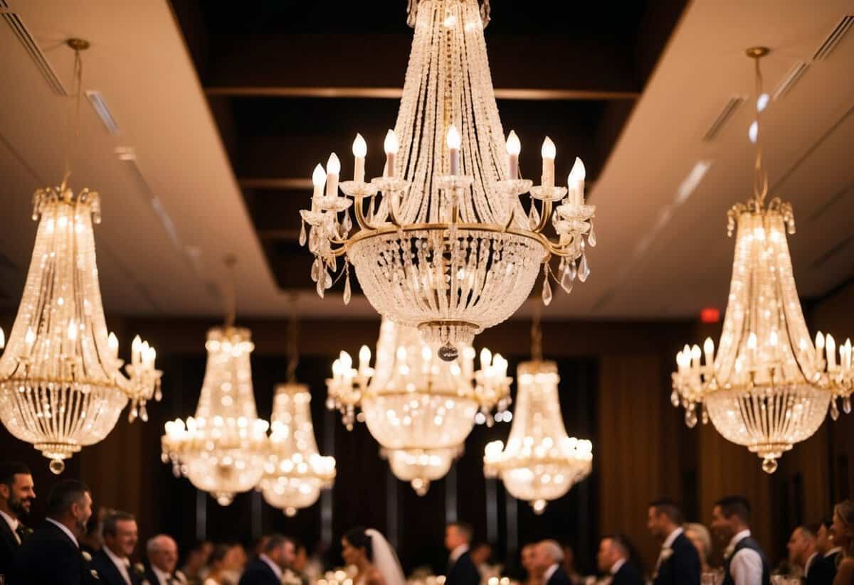 Elegant chandeliers casting warm light over a wedding reception