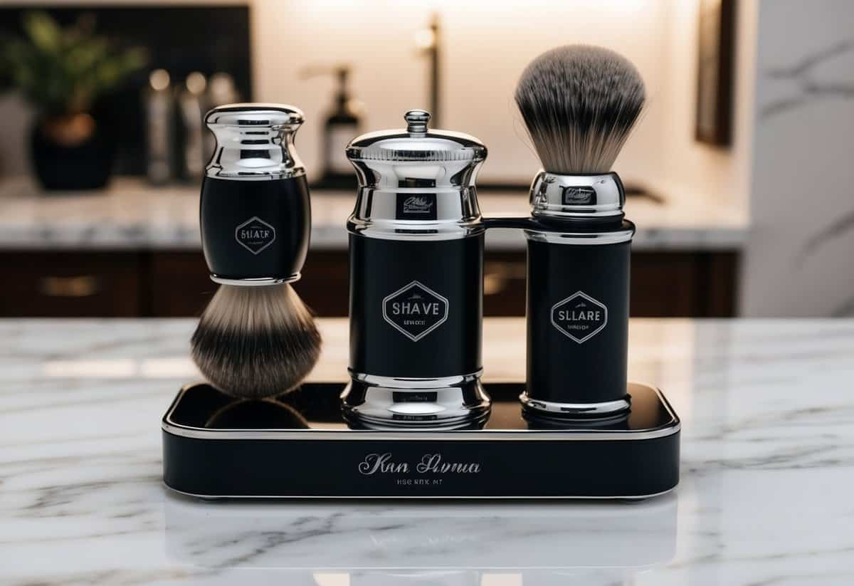 A sleek, black and silver luxury shaving kit displayed on a marble countertop with a personalized engraving