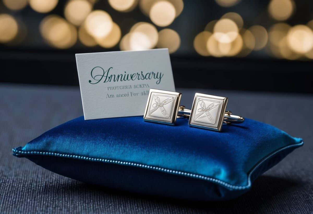 A pair of engraved cufflinks displayed on a luxurious velvet cushion, with a small anniversary card placed next to them