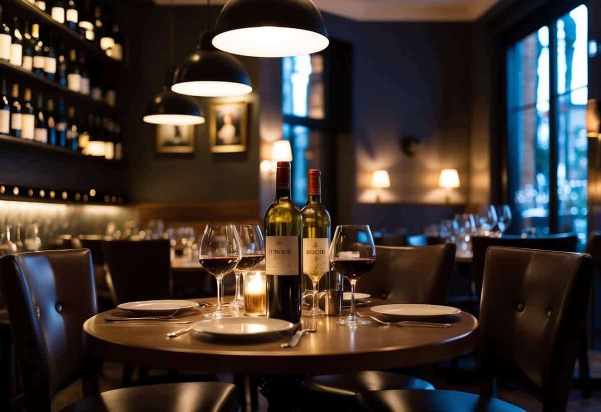 An intimate Italian bistro with dim lighting, wine bottles on the walls, and a cozy atmosphere filled with the sounds of clinking glasses and soft chatter