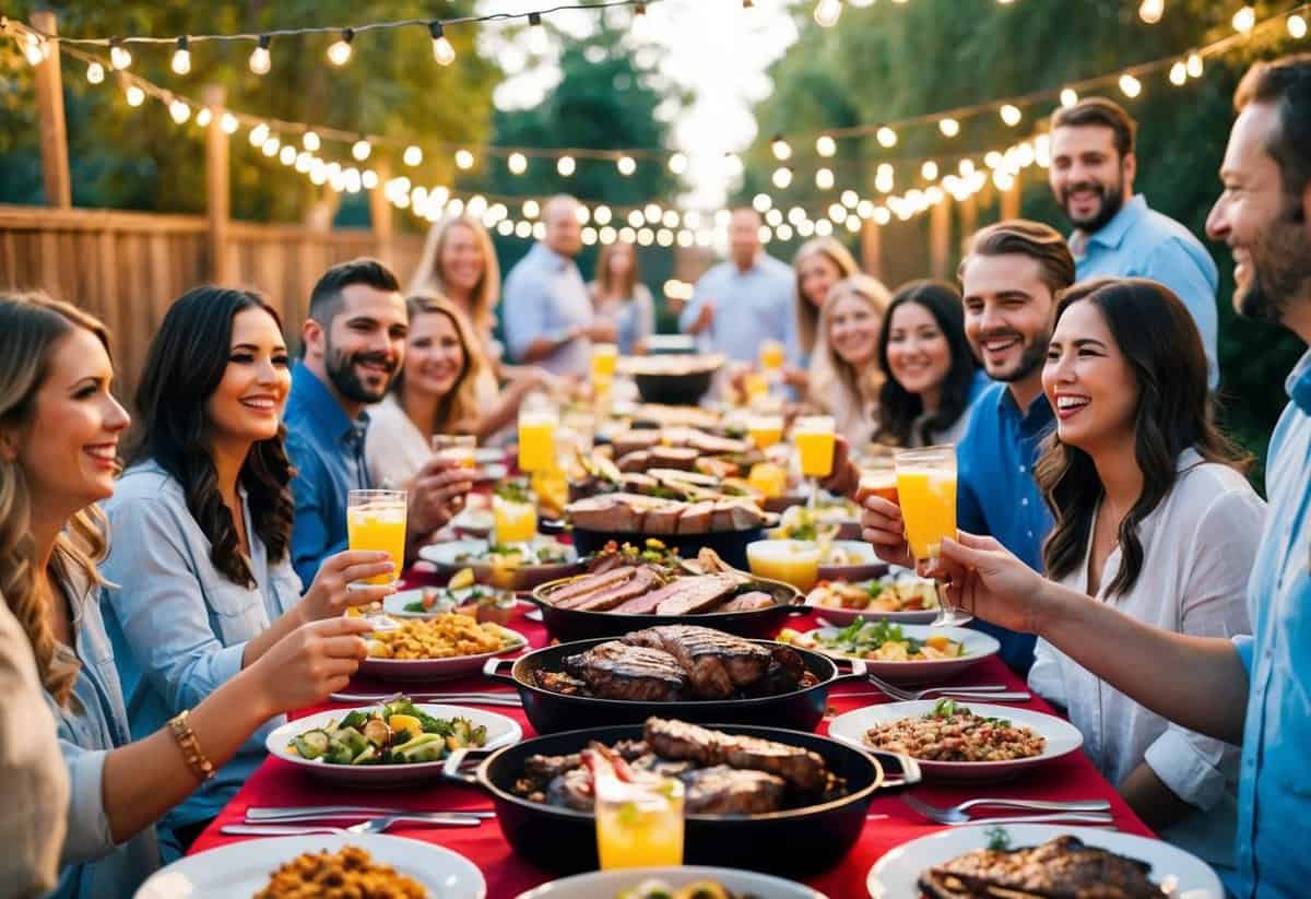 A festive outdoor barbecue feast with tables filled with grilled meats, sides, and drinks, surrounded by string lights and happy guests