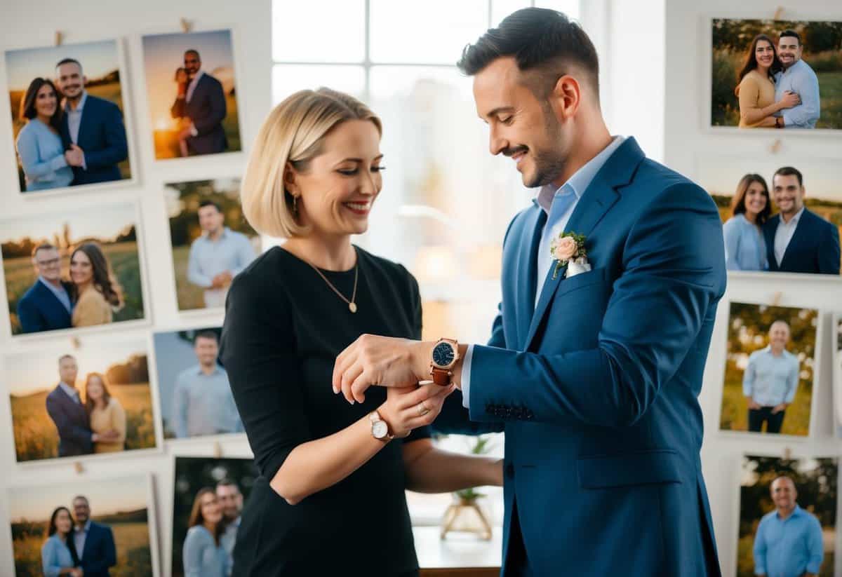 A man receiving a personalized watch from his wife, surrounded by photos of their 10 years together