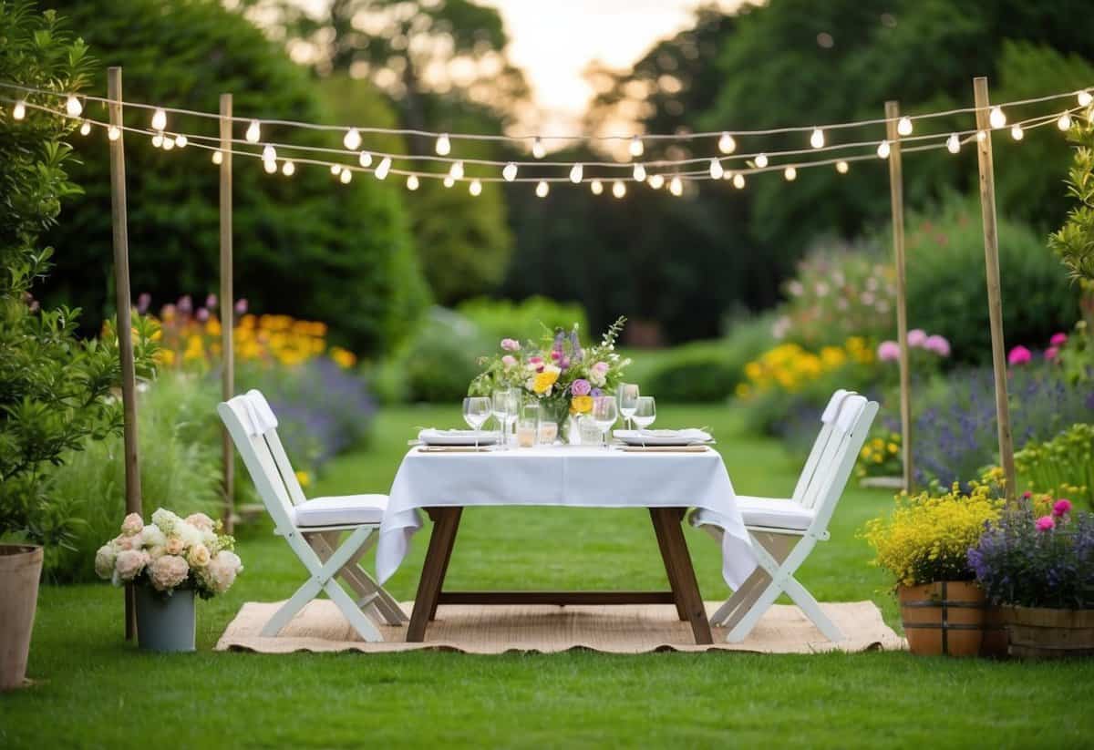 A garden picnic with elegant table settings and twinkling string lights, surrounded by lush greenery and colorful flowers