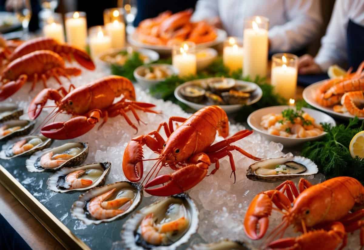 A lavish spread of fresh seafood, including lobster, oysters, and shrimp, displayed on ice with elegant table settings and twinkling candlelight