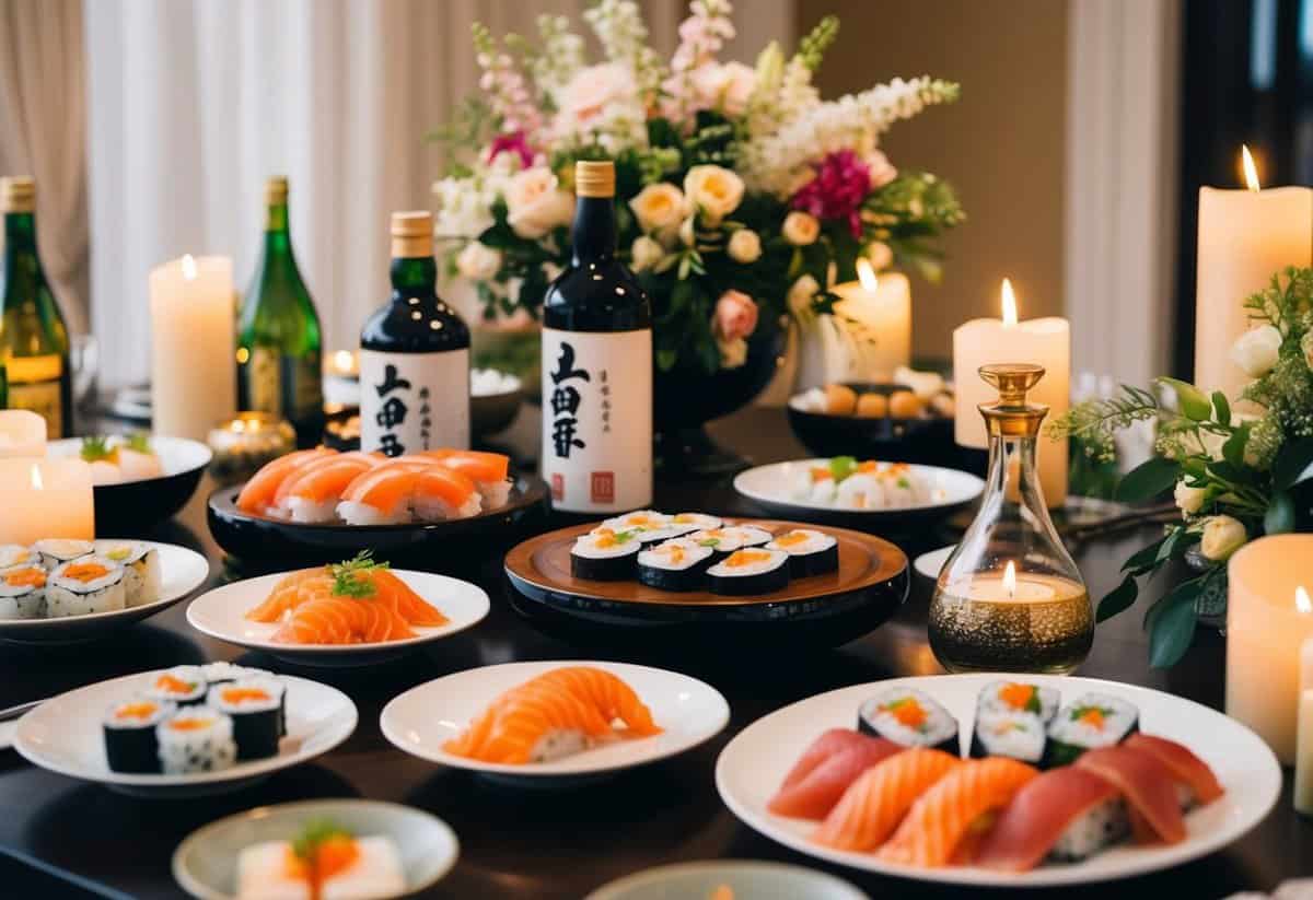 A beautifully set table with an assortment of sushi rolls, sashimi, and sake bottles, surrounded by elegant floral centerpieces and soft candlelight