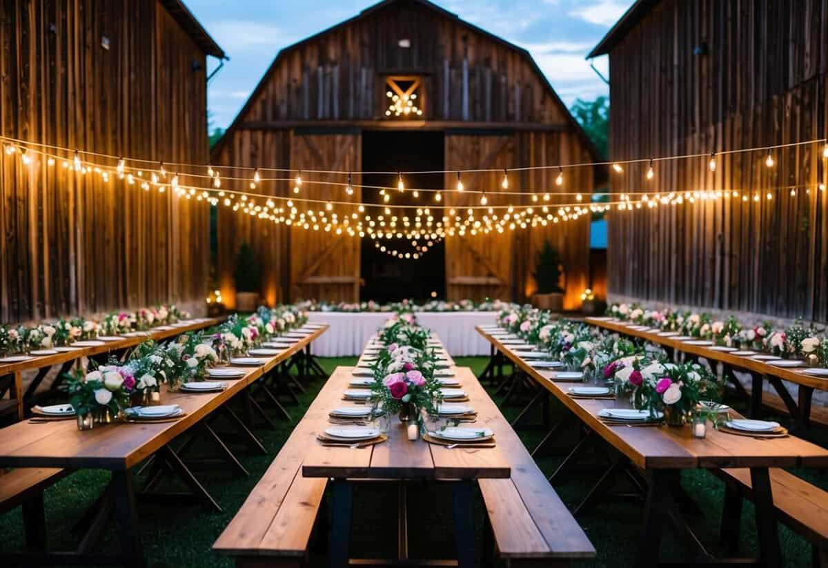 A charming rustic barn set for a wedding rehearsal dinner with string lights, long wooden tables, and floral centerpieces