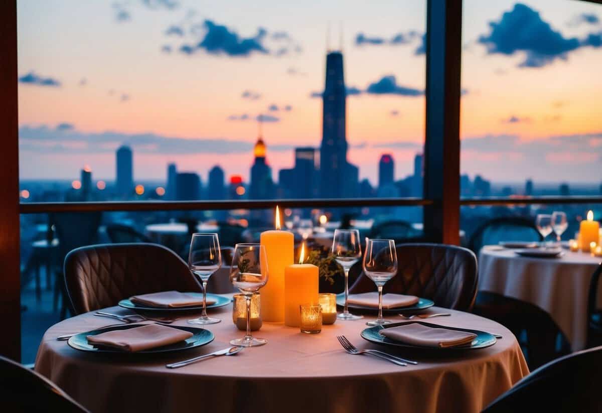 A cozy, candlelit restaurant with elegant table settings and a view of the city skyline