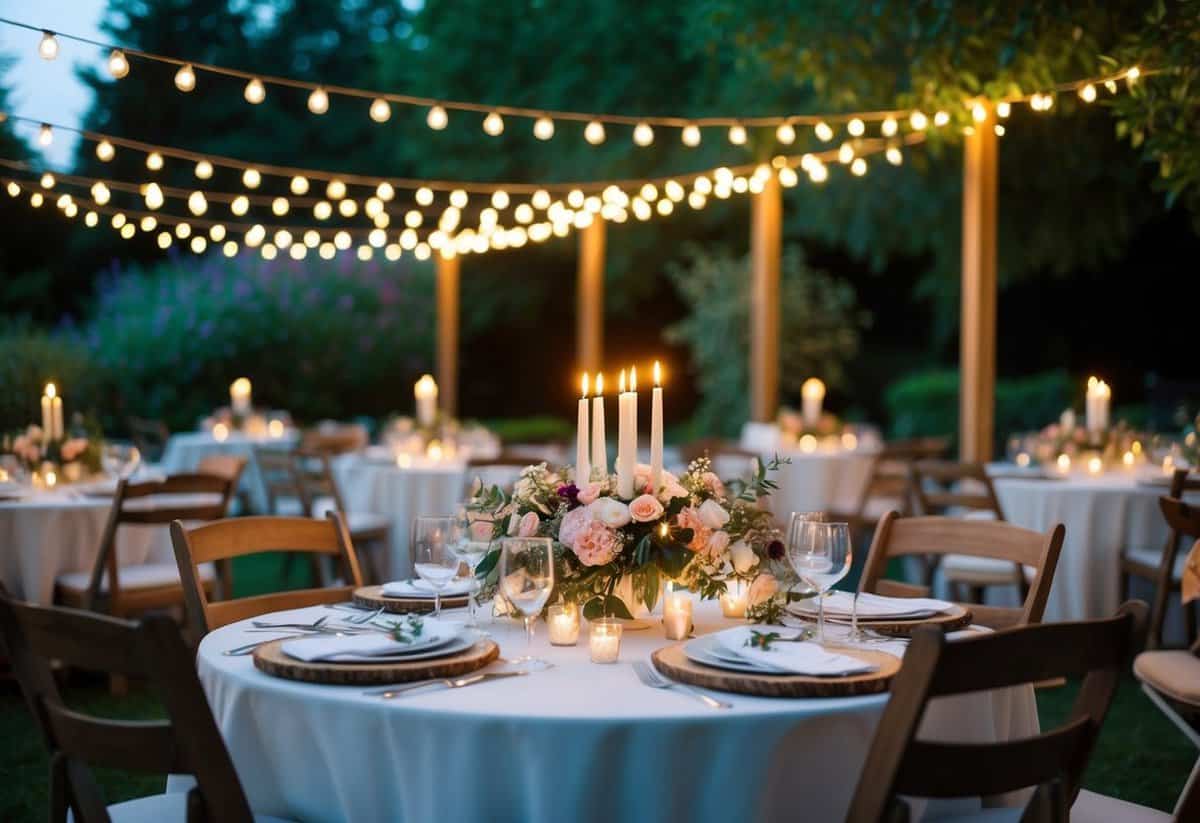 A candlelit outdoor garden dinner with fairy lights, floral centerpieces, and elegant table settings