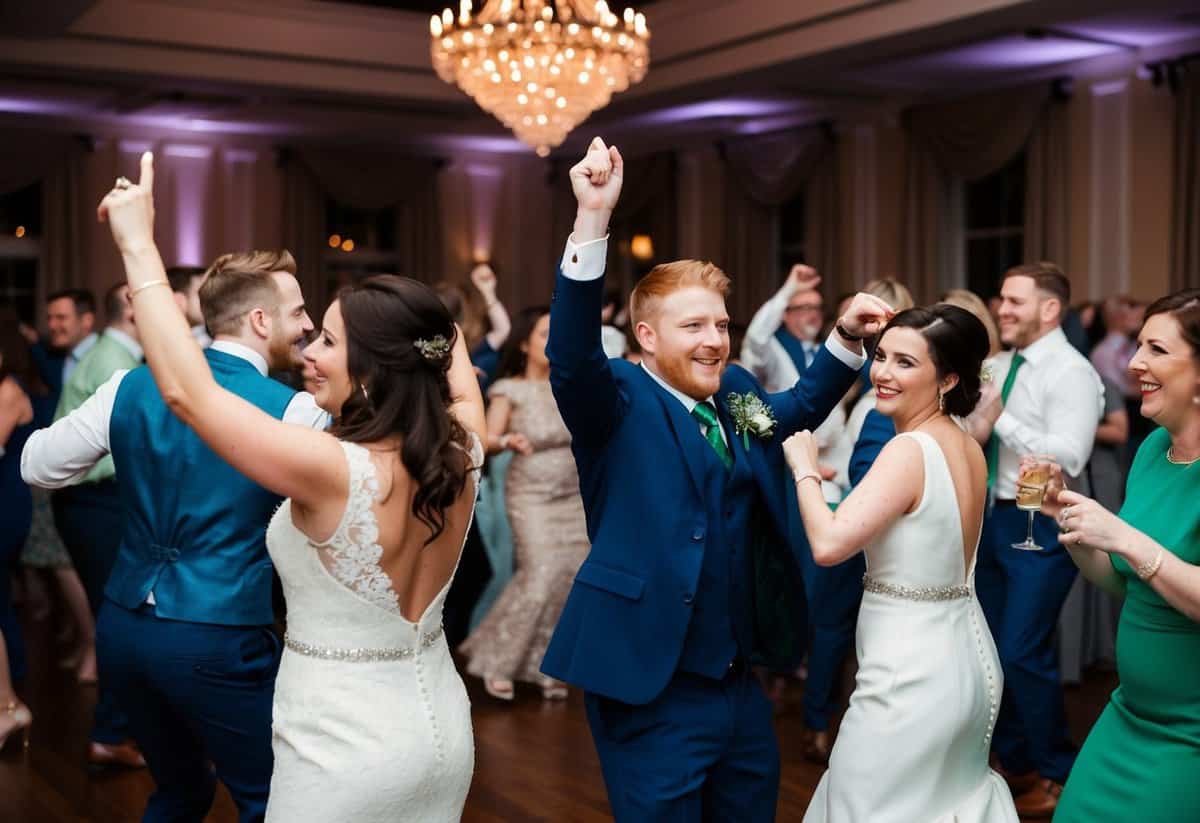 A lively Irish wedding reception with guests dancing and celebrating to "Perfect" by Ed Sheeran