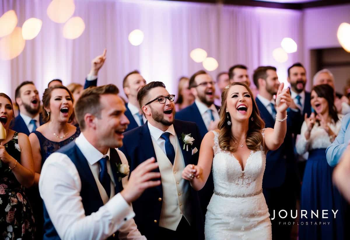 A joyous wedding reception with guests singing along to "Don't Stop Believin'" by Journey, filled with love and celebration