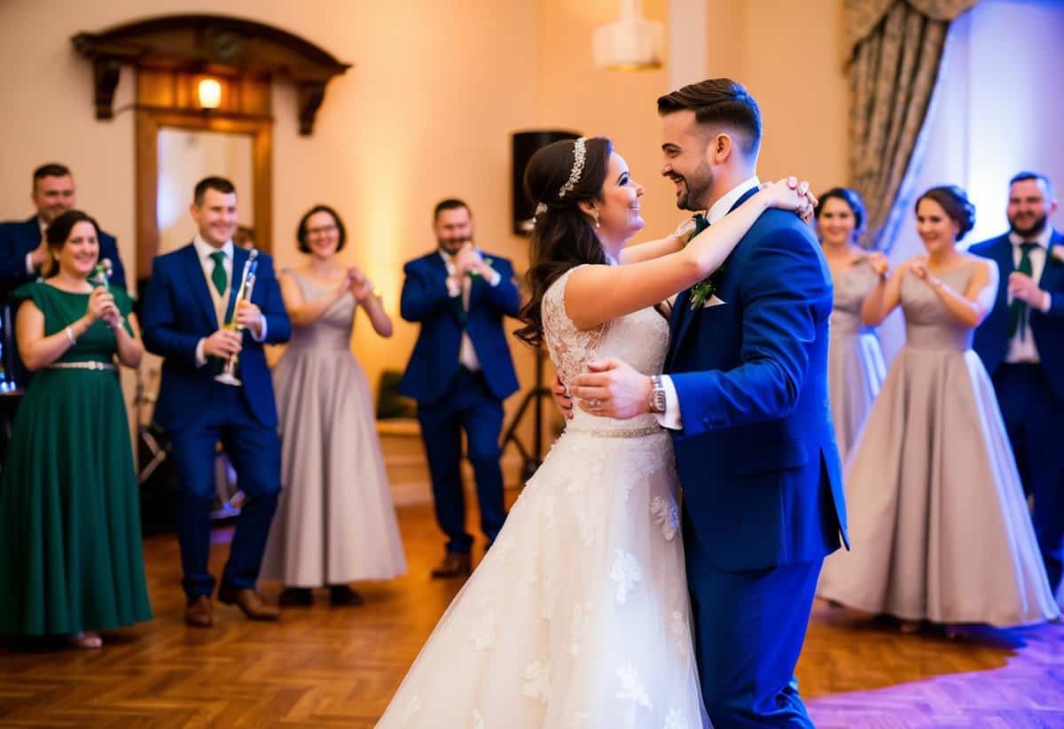 A traditional Irish wedding scene with a couple dancing to a live band playing a romantic and lively Irish wedding song