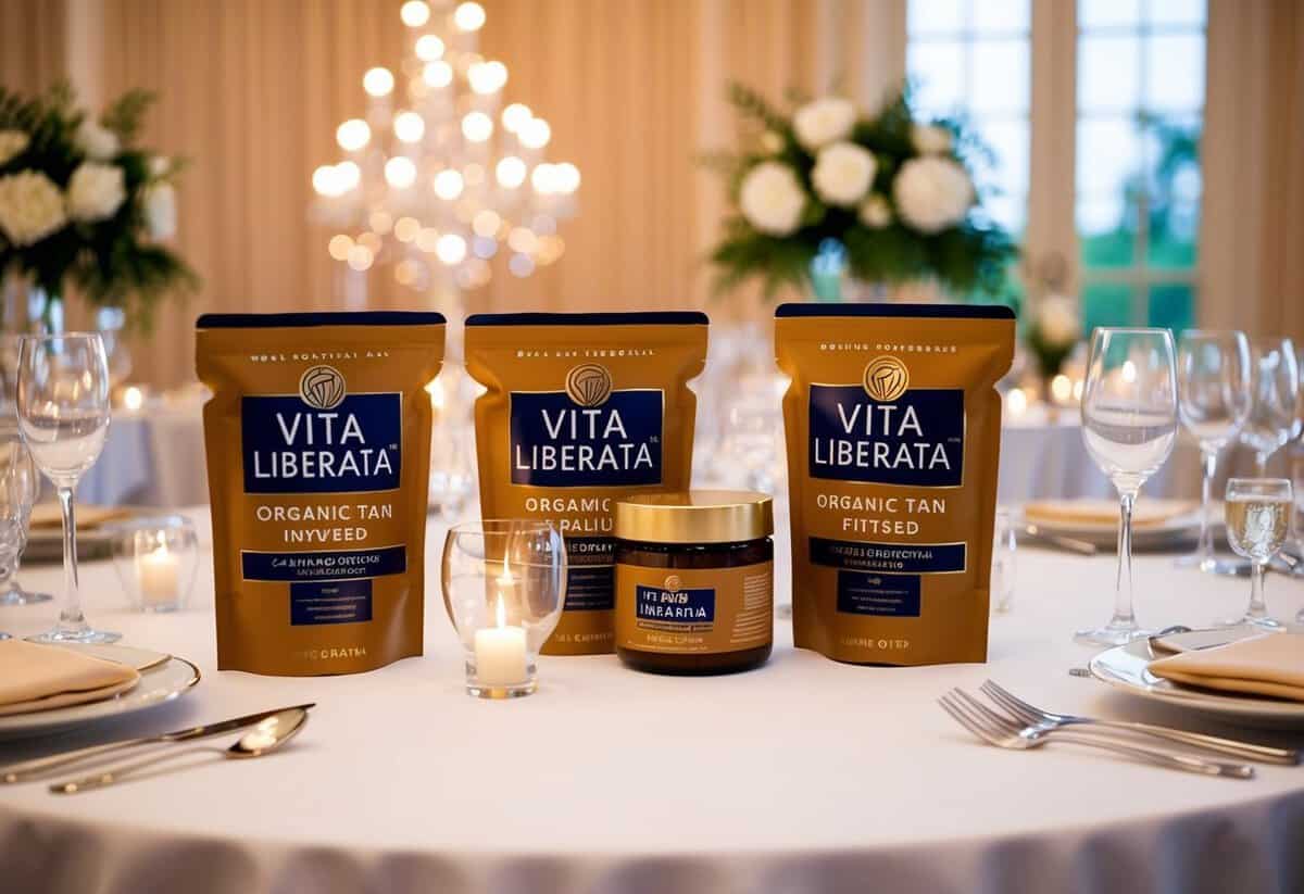 A luxurious wedding setting with elegant decor and soft lighting, featuring Vita Liberata pHenomenal Organic Tan Infused Cloths prominently displayed