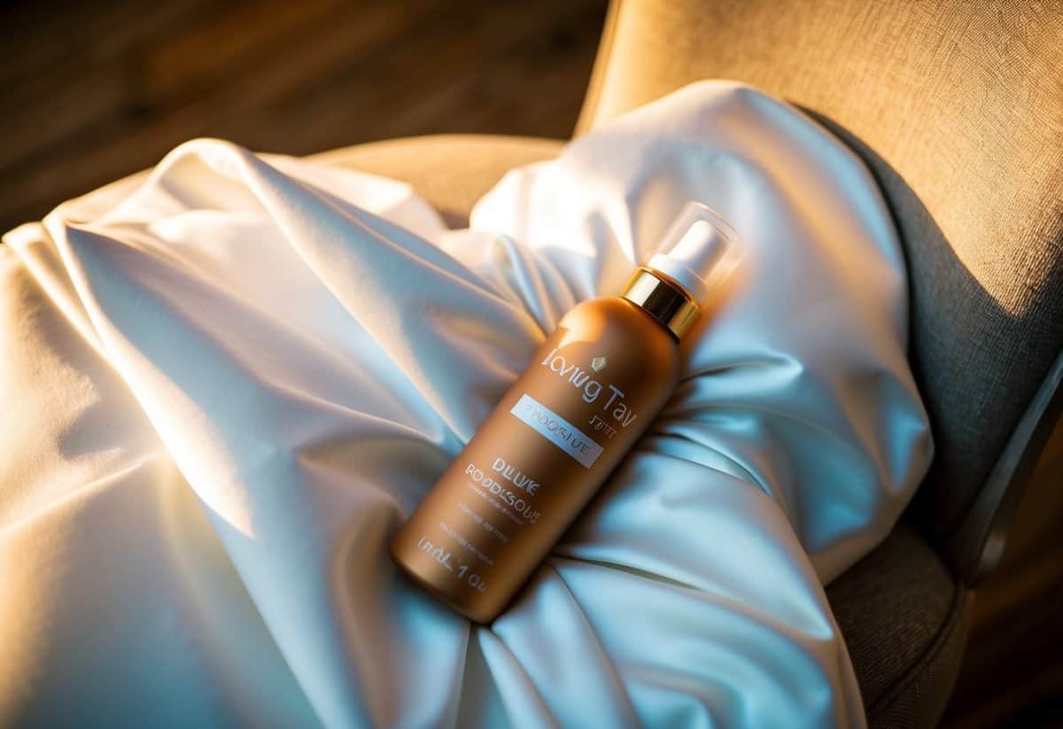 A bride's wedding dress draped over a chair, with a bottle of Loving Tan Deluxe Bronzing Mousse and a soft, golden glow emanating from the fabric