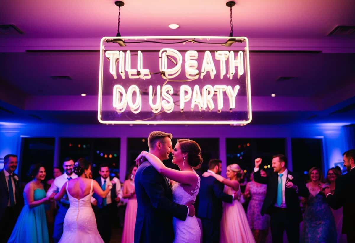 A glowing neon sign with the words "Till Death Do Us Party" hangs above a lively wedding reception, surrounded by dancing guests and colorful decorations