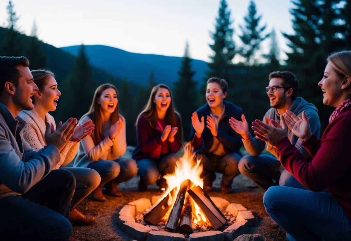 A group of people gathered around a campfire, singing and clapping along to their favorite songs