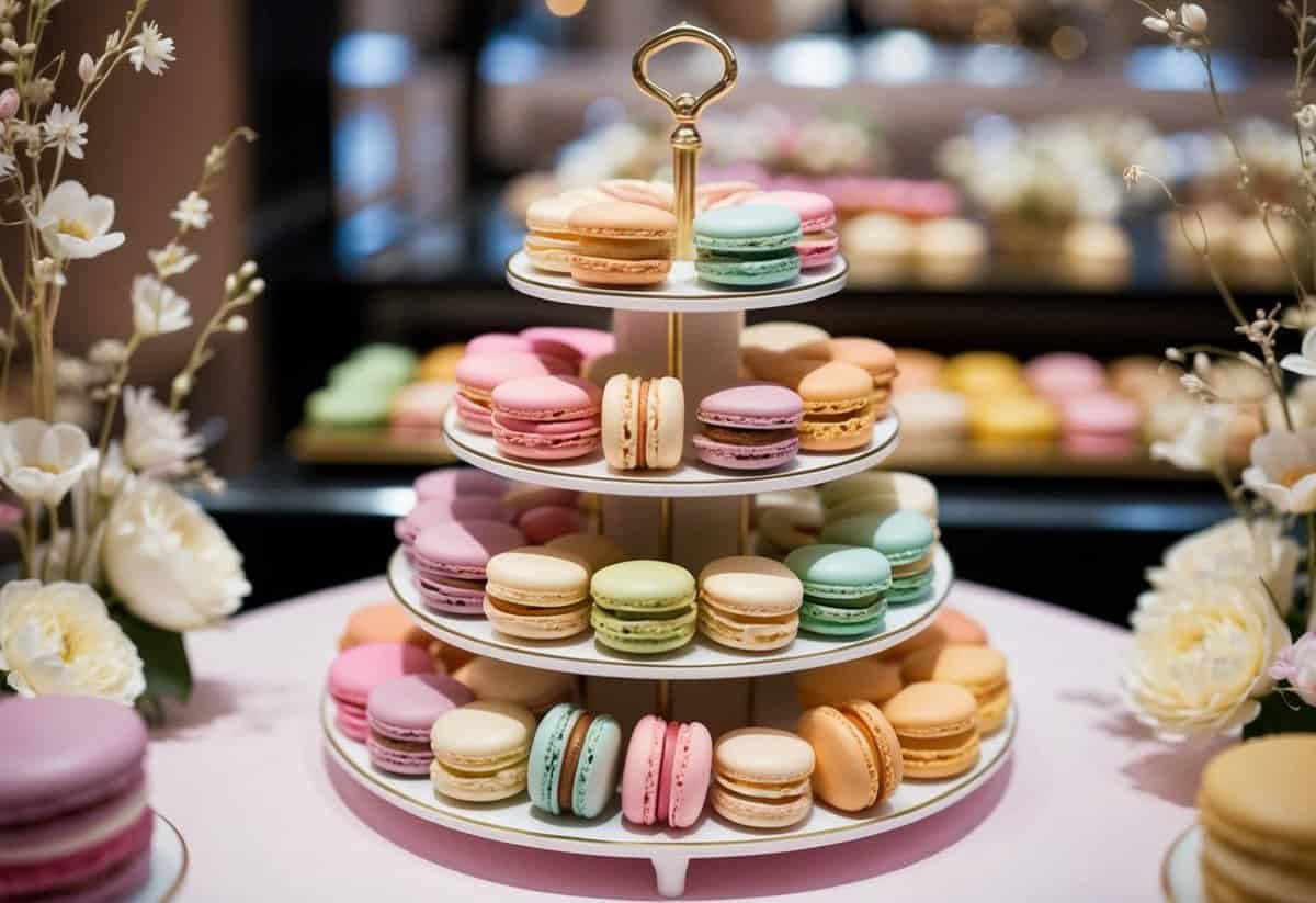 An elegant display of Ladurée macarons in various pastel colors and flavors, arranged on a tiered stand, surrounded by delicate floral decorations