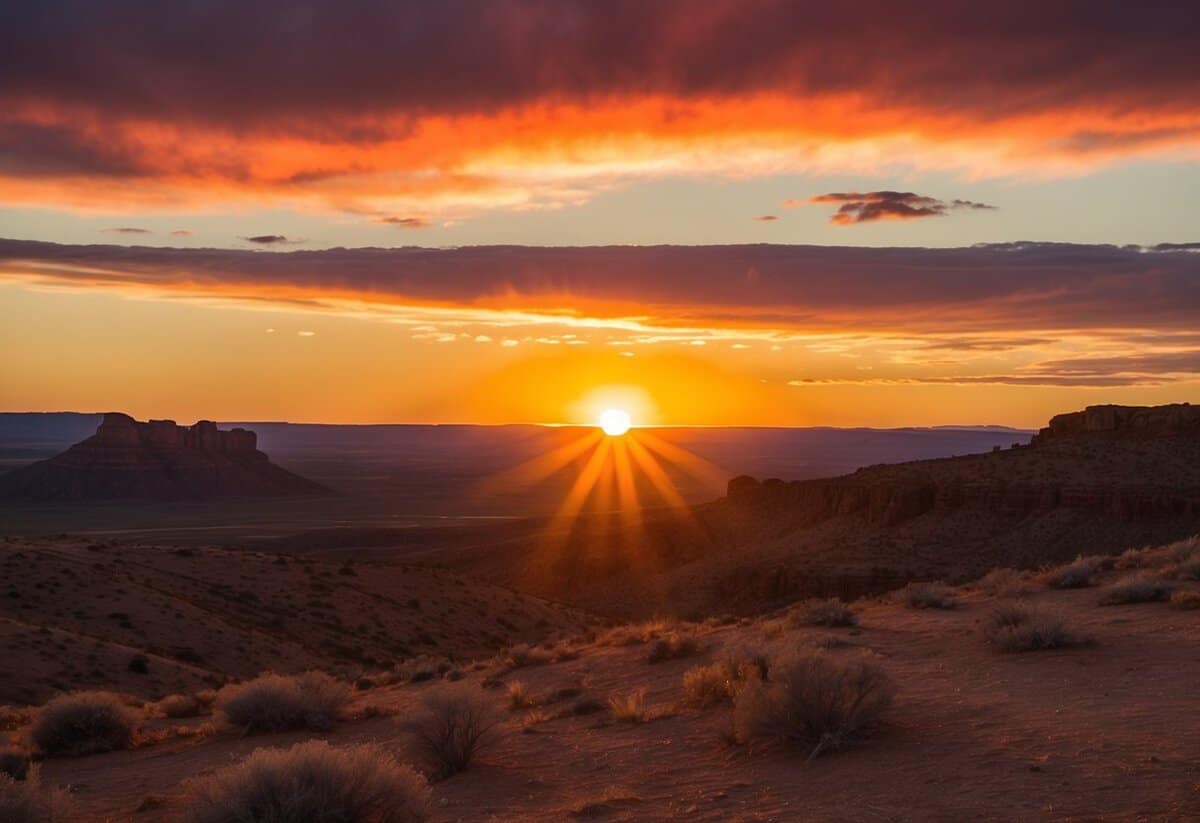 A golden sun sets over a rustic western landscape, casting warm hues of orange, red, and brown across the sky and rugged terrain