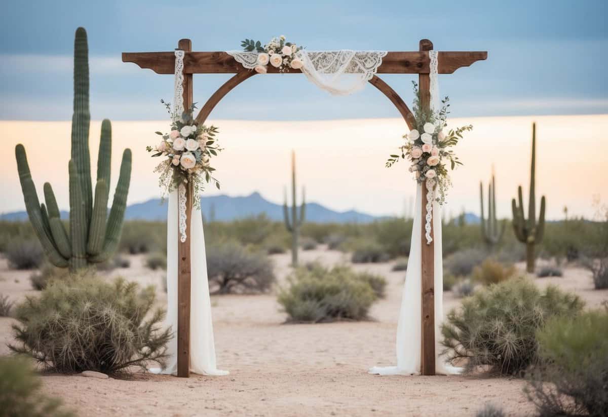 A serene desert landscape with soft beige tones, cacti, and a rustic wooden arch adorned with delicate lace and flowers