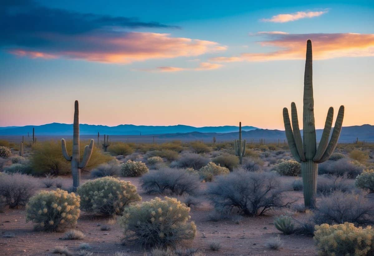 A desert landscape with sagebrush and cacti, under a blue sky with a warm sunset glow