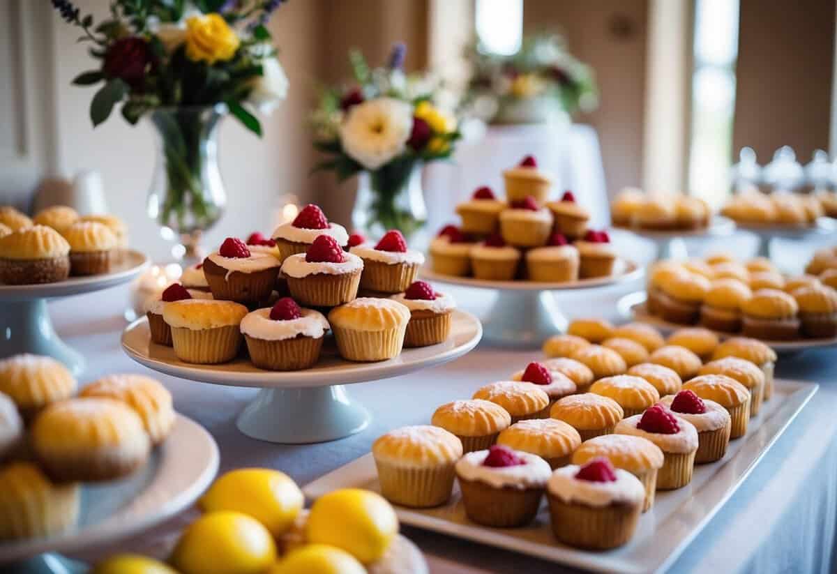 A table adorned with raspberry lemon tassies and other sweets for a wedding, beautifully arranged for a sweet display