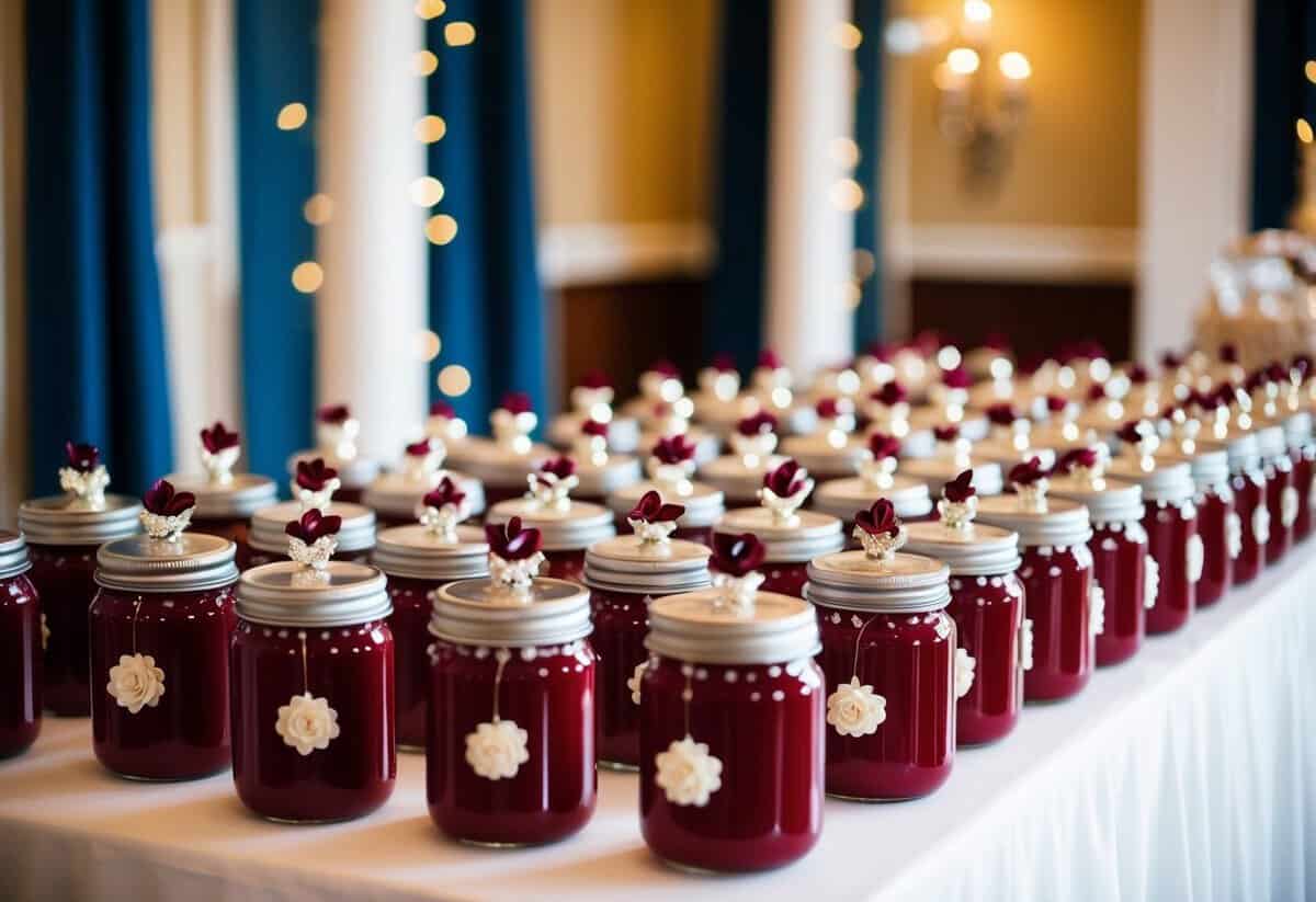 A table with rows of Red Velvet Cupcake Jars, adorned with elegant decorations, set up for a wedding sweet table