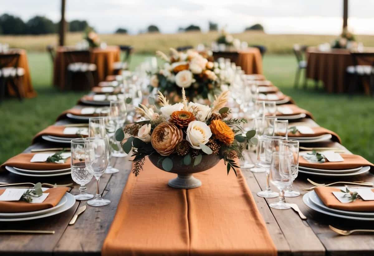 A rustic wedding table adorned with cinnamon spice-colored linens, floral arrangements, and accents of gold and ivory