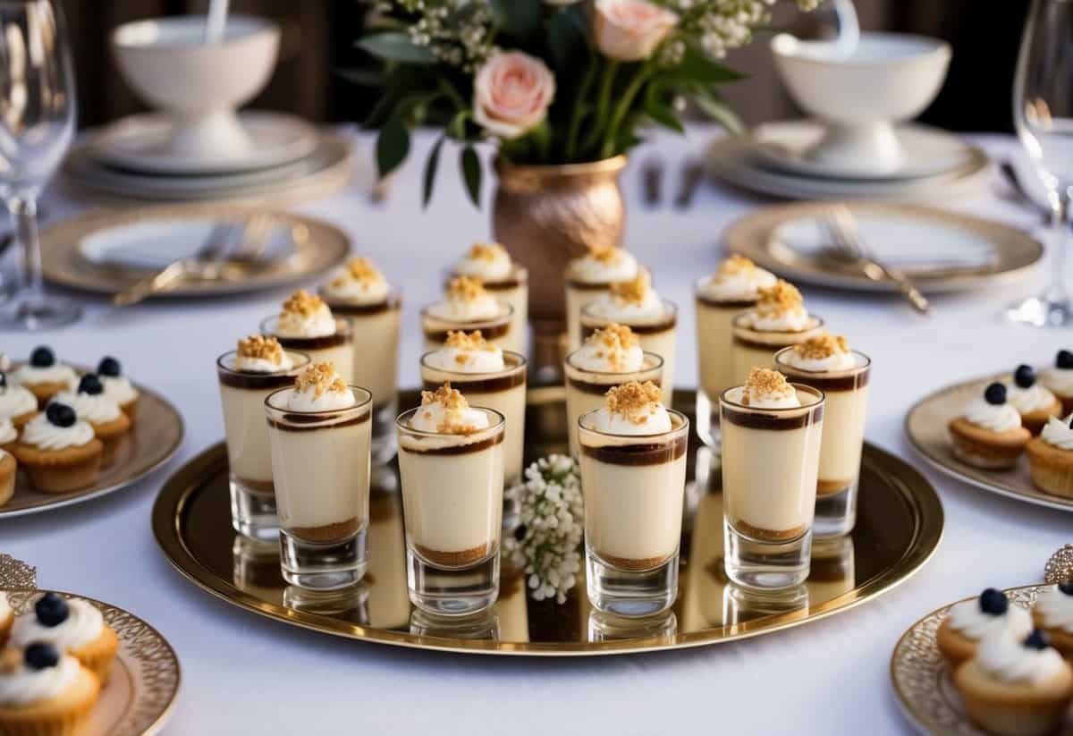 A table adorned with elegant Tiramisu Shooters, surrounded by delicate pastries and decorative accents, set for a wedding sweet table