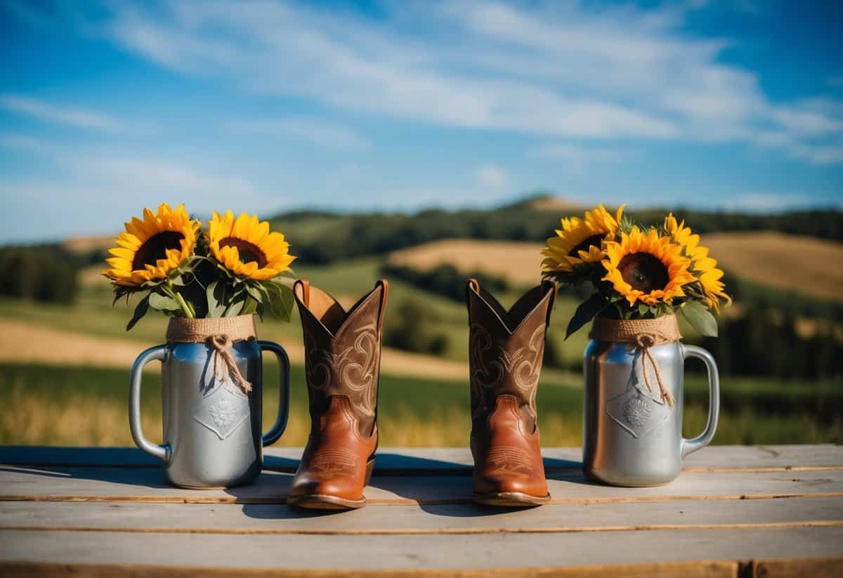 A rustic barn wedding with brown cowboy boots, burlap decor, and sunflower accents set against a backdrop of rolling hills and a big blue sky