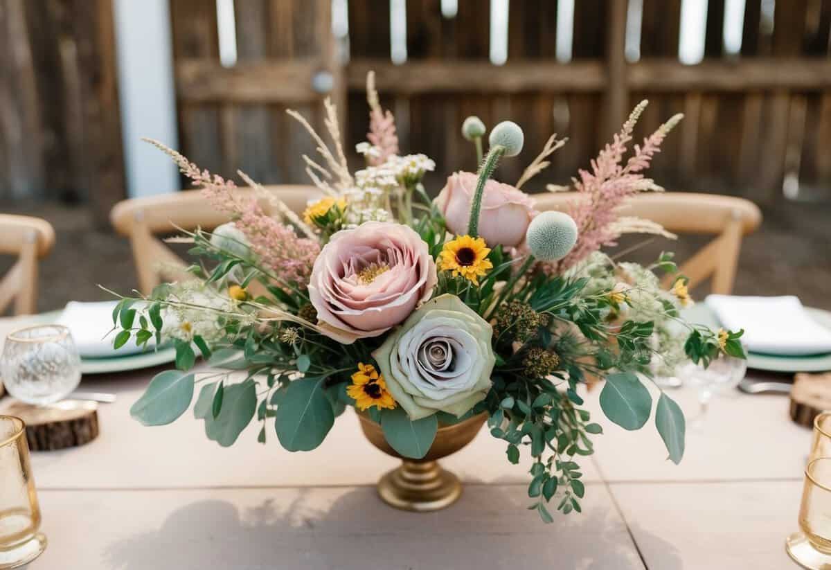 A rustic barn wedding with dusty rose, sage green, and gold accents. Wildflowers and wooden decor add to the western charm