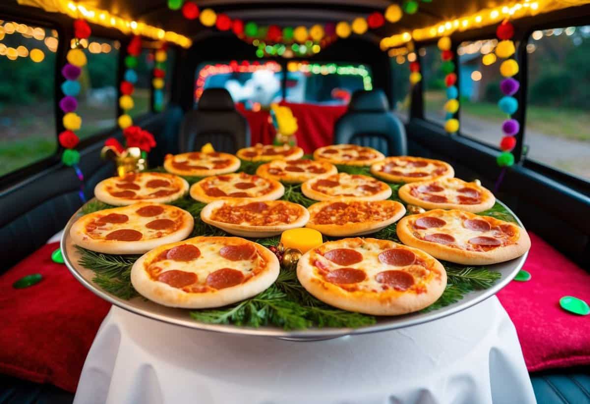 Mini pizzas arranged on a platter, surrounded by festive decorations, inside a party bus