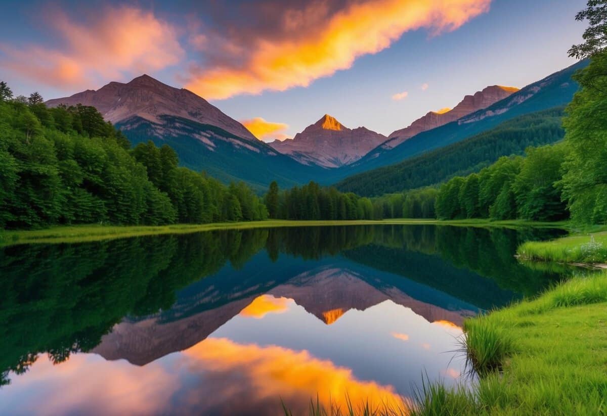 A serene mountain landscape with a vibrant sunset casting warm tones across the sky, reflecting in a tranquil lake surrounded by lush greenery