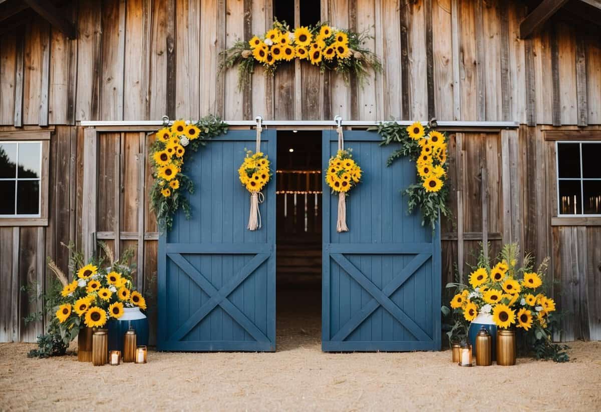 A rustic barn adorned with sunflower yellow, denim blue, and deep red accents for a western-themed wedding