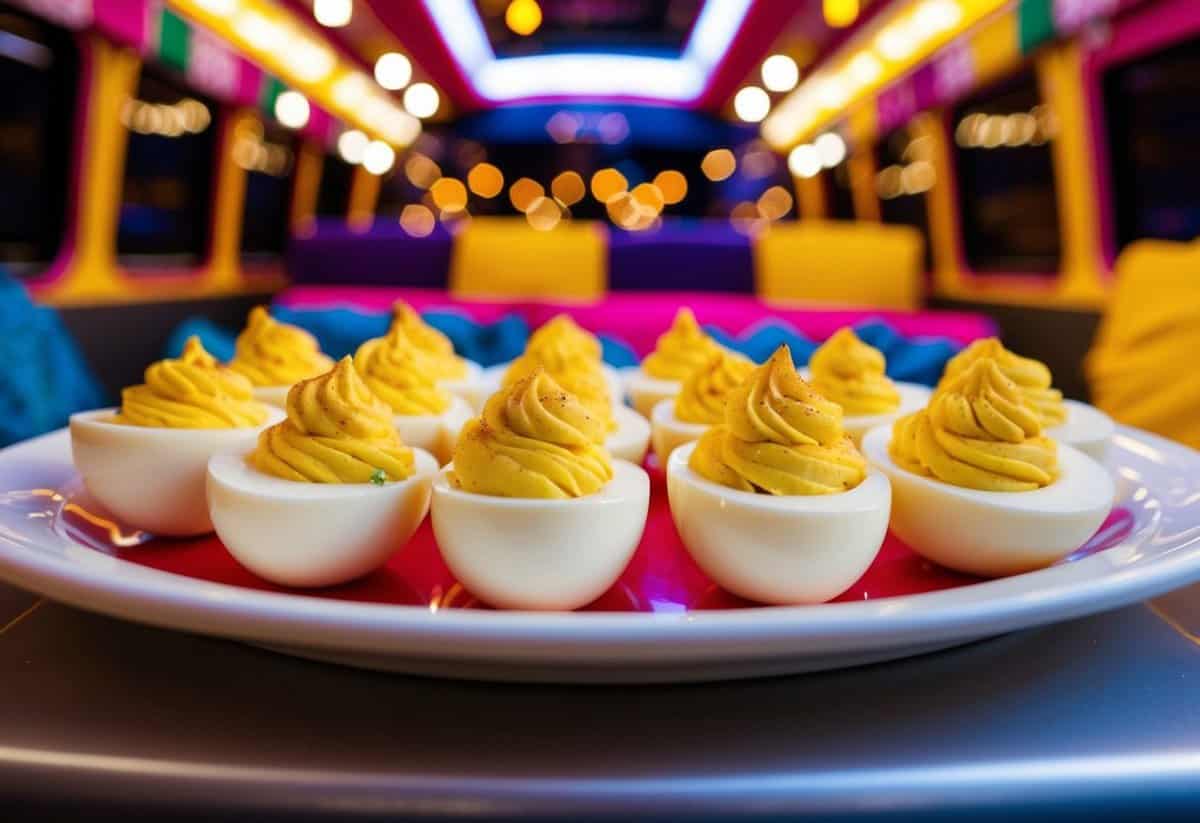 A platter of deviled eggs on a table in a festive party bus