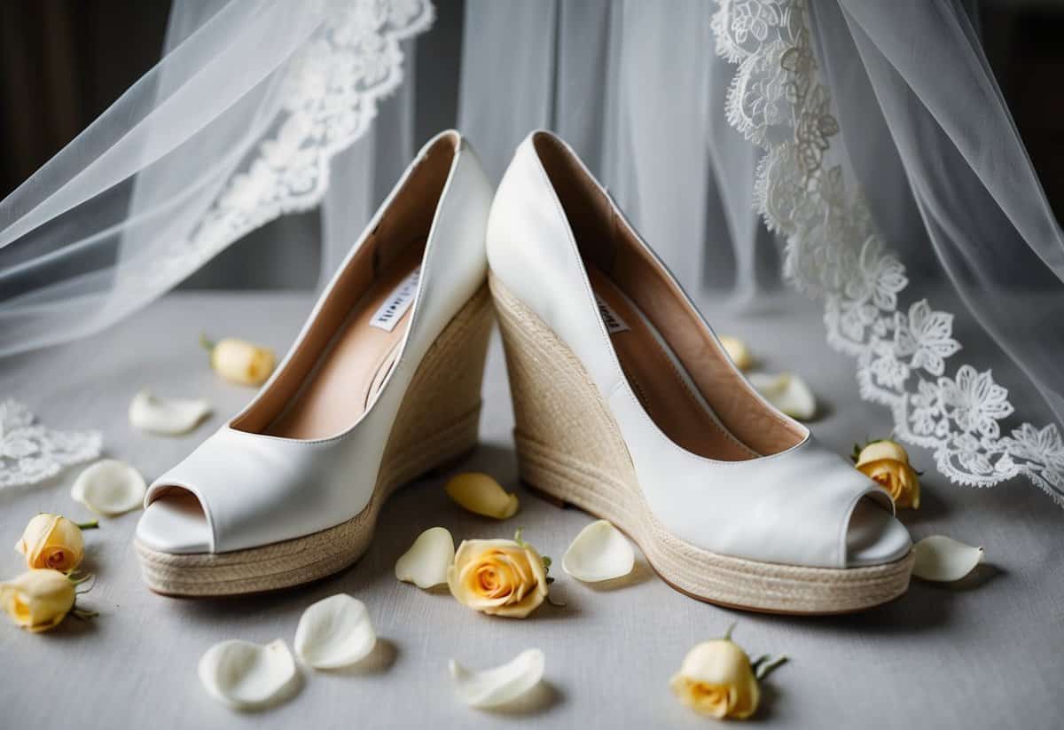 A pair of elegant white Sam Edelman Patti Wedge shoes placed on a delicate lace bridal veil, surrounded by scattered rose petals