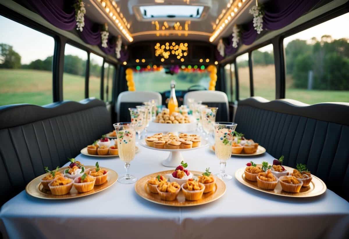 A festive party bus interior with a table spread of elegant, bite-sized snacks and drinks, ready for a wedding celebration