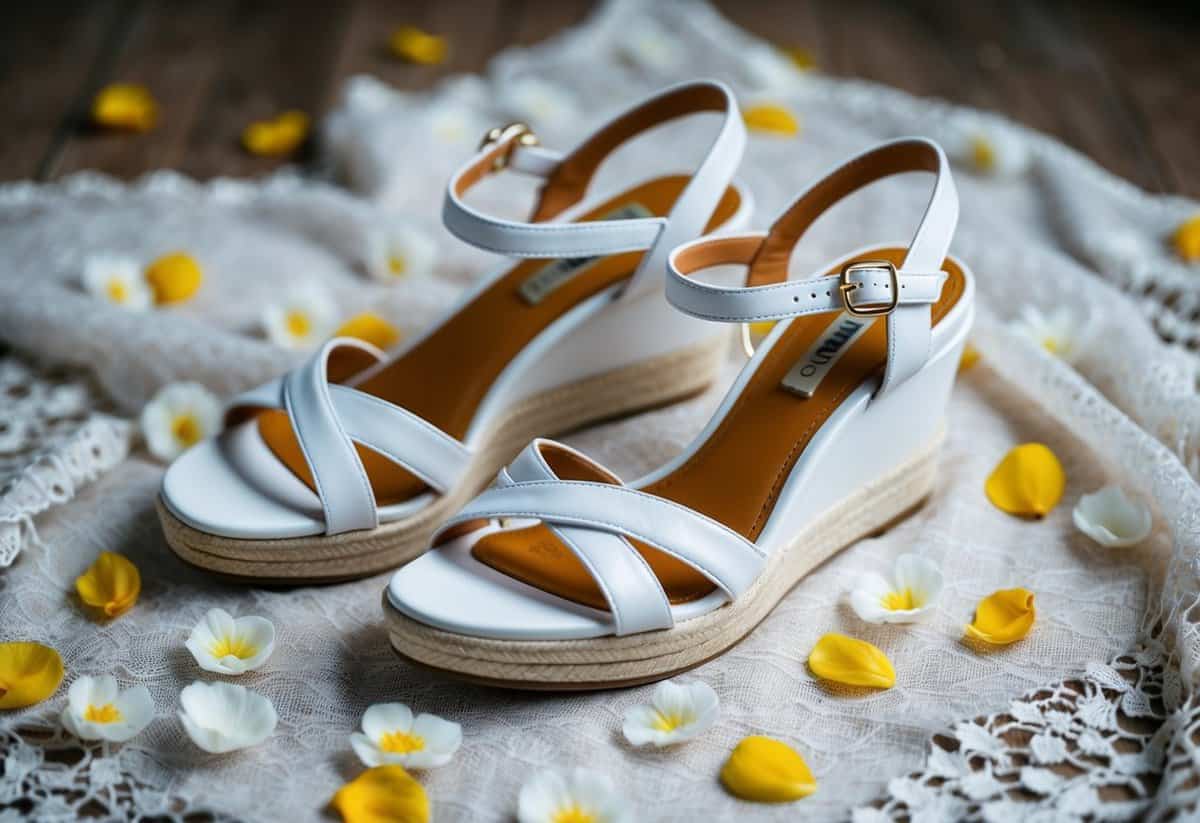 A pair of elegant white wedge sandals placed on a delicate lace fabric, surrounded by scattered flower petals