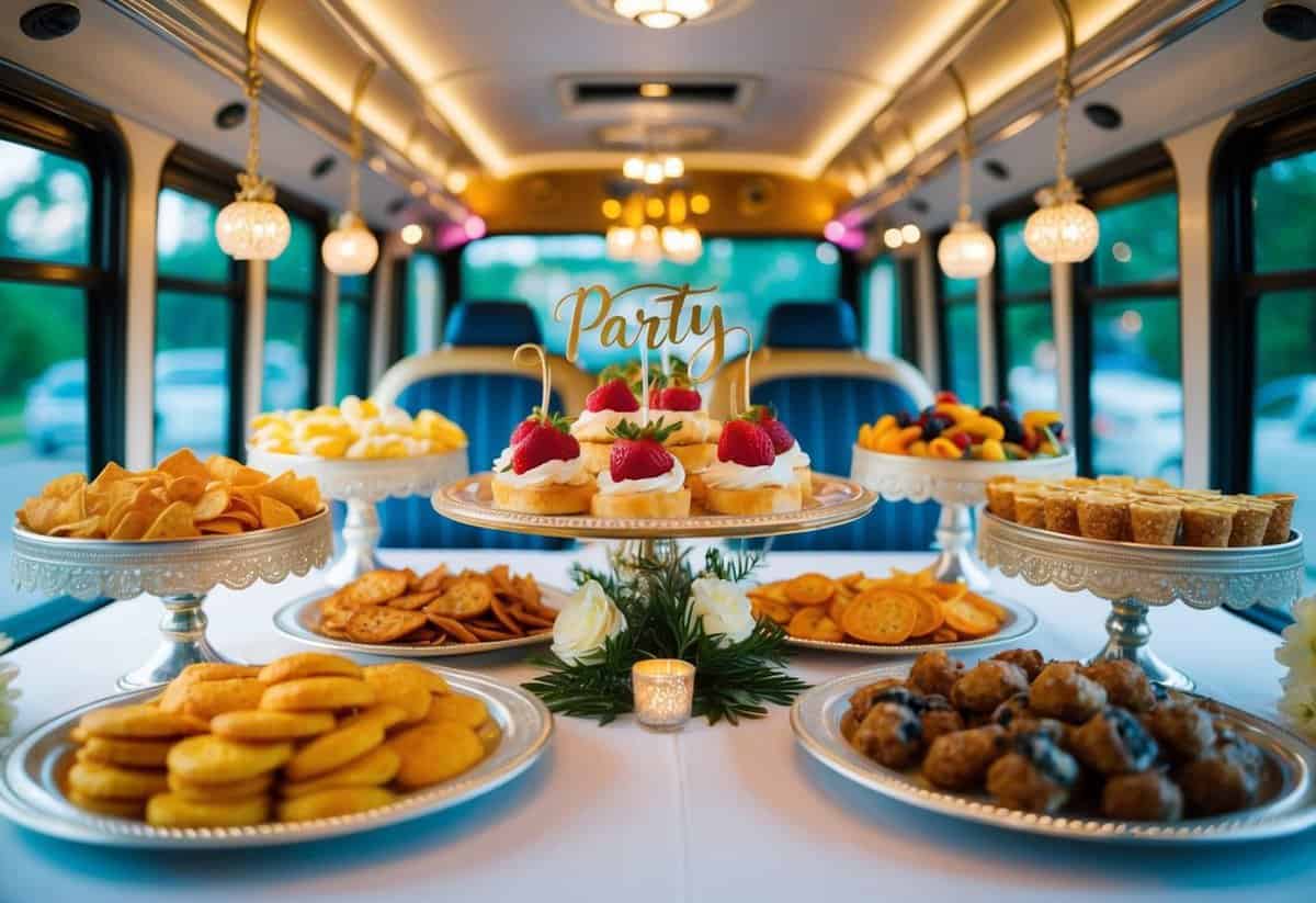 A festive wedding party bus with a variety of elegant and tasty snacks displayed on a beautifully decorated table