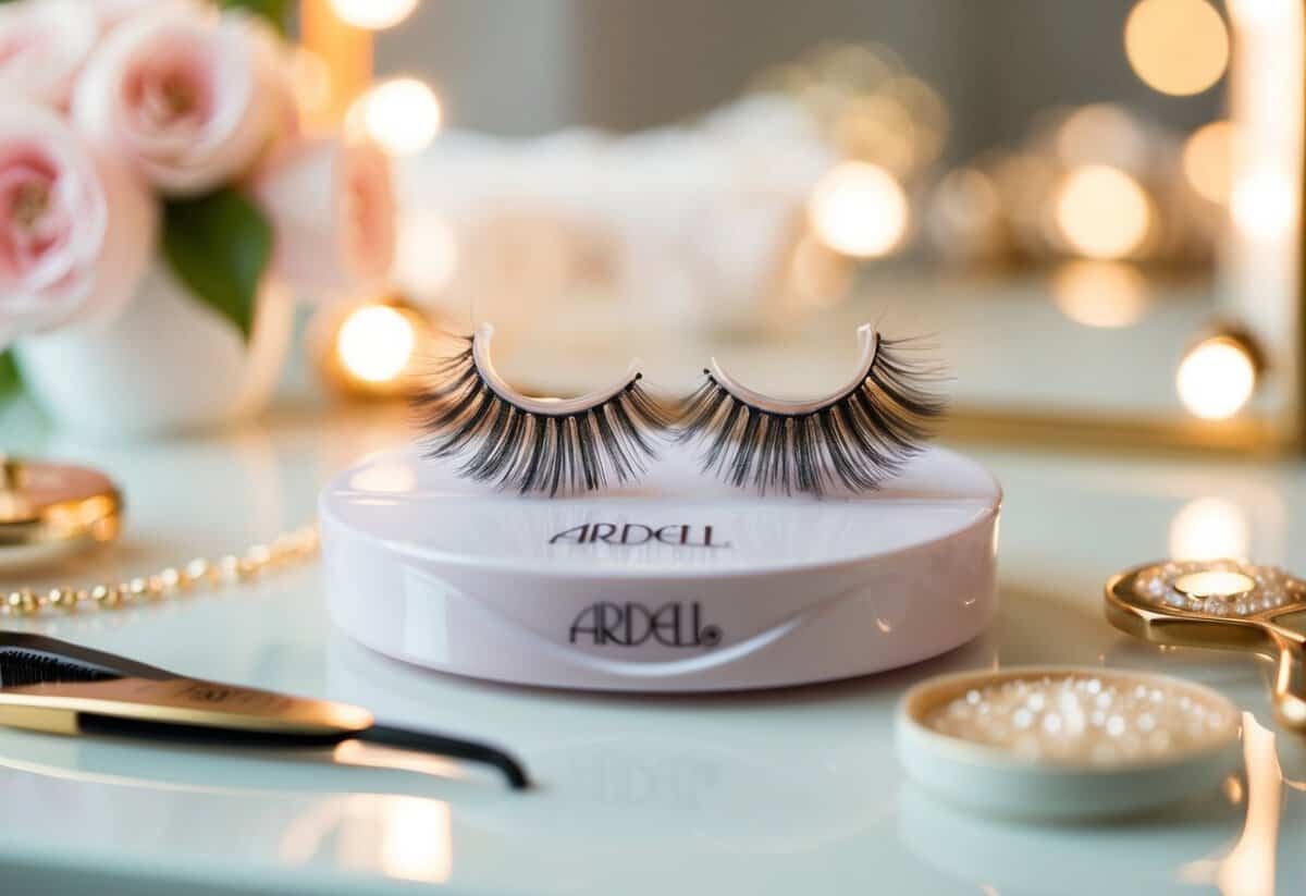 A close-up of Ardell Demi Wispies eyelashes being delicately placed on a pristine vanity, surrounded by soft, romantic lighting