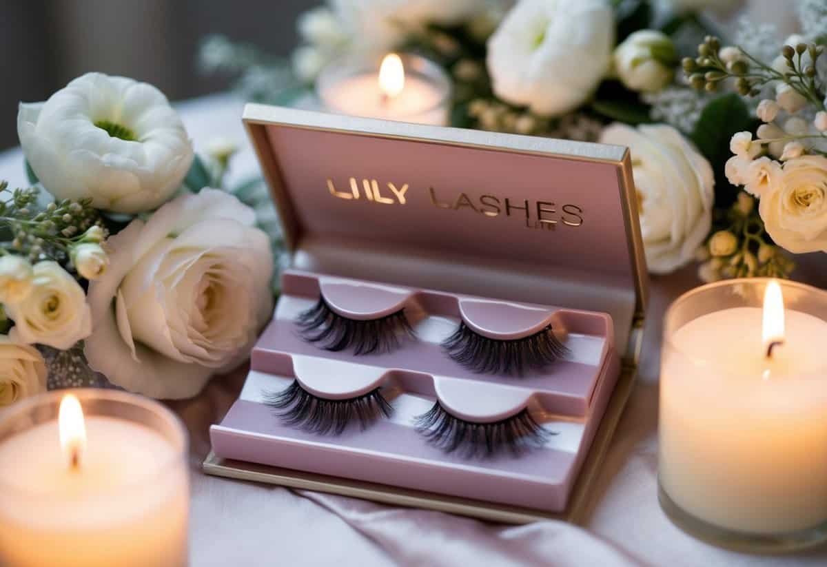 A pair of Lily Lashes Lite Mink eyelashes displayed on a luxurious velvet cushion, surrounded by delicate floral arrangements and soft candlelight