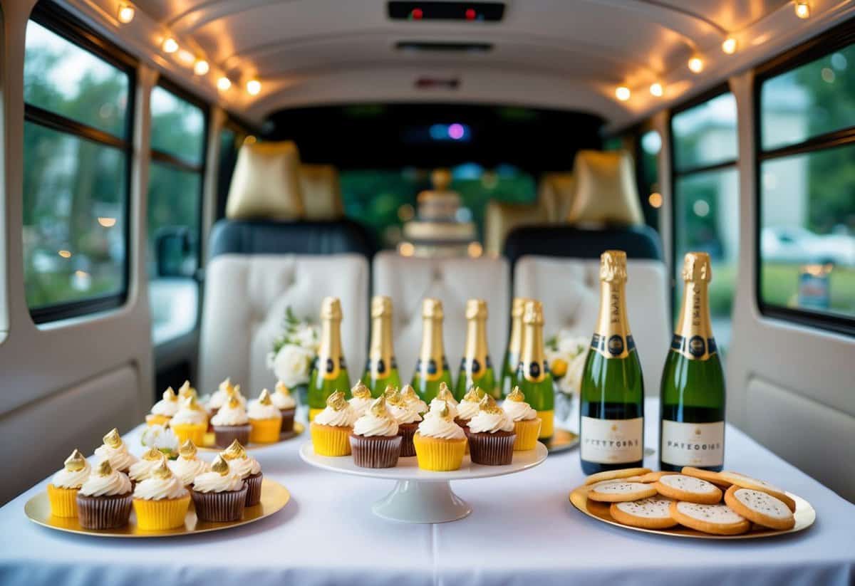 A festive wedding party bus with themed snacks displayed on a table, including mini cupcakes, champagne bottles, and personalized cookies