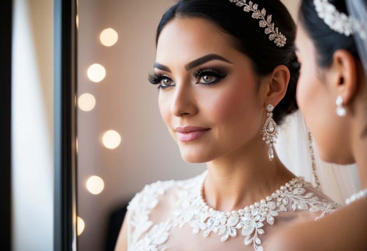 A bride's eye with long, voluminous eyelashes, wearing Huda Beauty Noelle lashes, gazing into a mirror on her wedding day