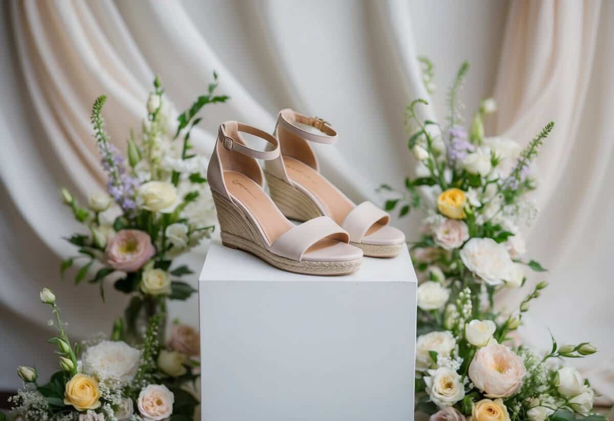 A pair of elegant ankle-wrap wedges on a white pedestal, surrounded by delicate floral arrangements and soft, flowing fabric