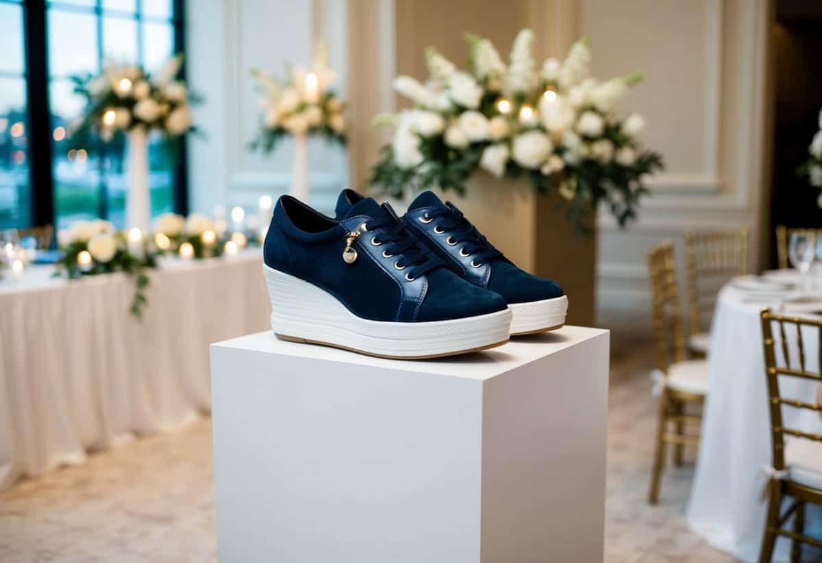 A pair of Steve Madden Gills Platform Wedge Sneakers displayed on a white pedestal against a backdrop of elegant wedding decor