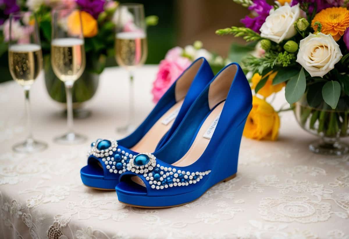 A pair of blue pearl-embellished wedges placed on a delicate lace tablecloth, surrounded by vibrant floral arrangements and sparkling champagne glasses