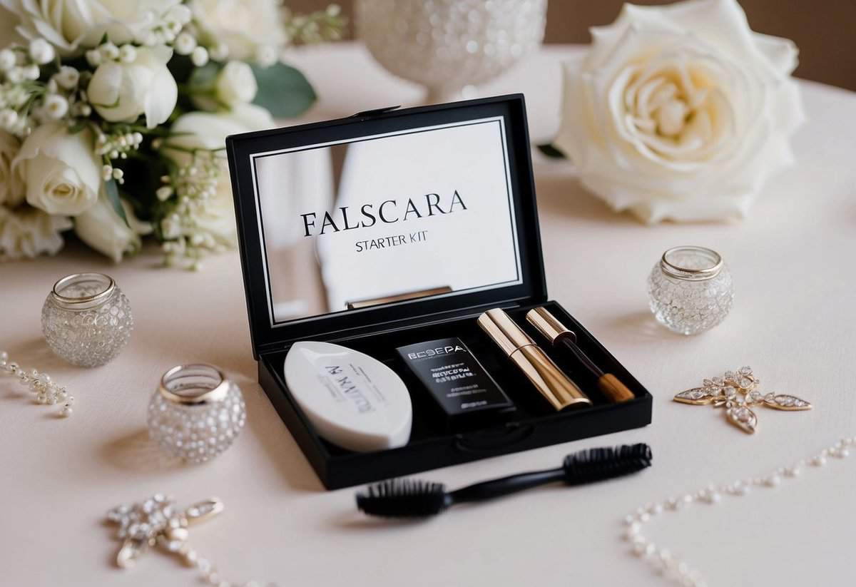 A bride's open Falscara Starter Kit surrounded by delicate wedding decor