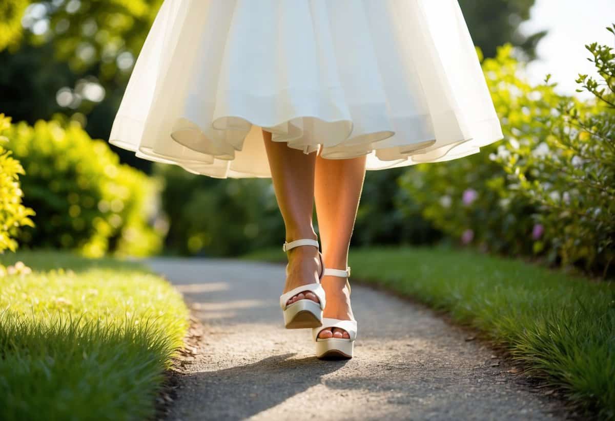 A bride stands on a lush garden path, wearing elegant white wedges. The sun shines down, casting a warm glow on her feet as she walks with ease and grace