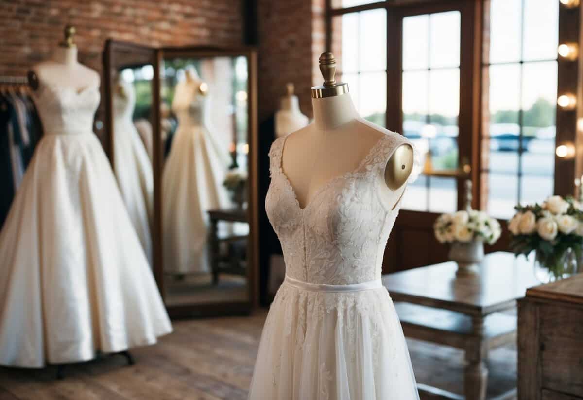 A vintage wedding dress displayed on a mannequin in a rustic boutique setting